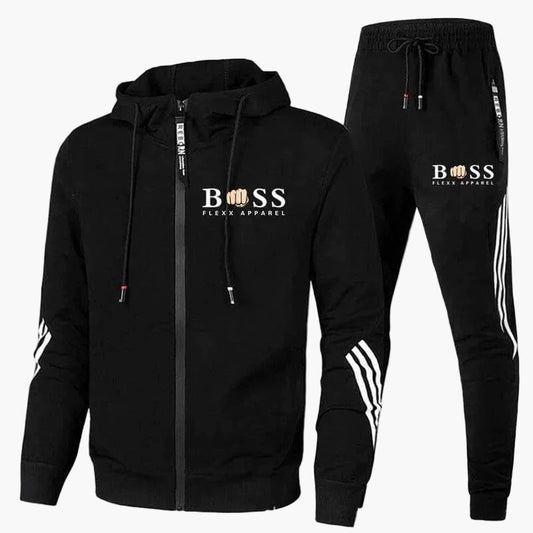 Men's hooded tracksuit set with zip jacket, tapered trousers and contrast stripes