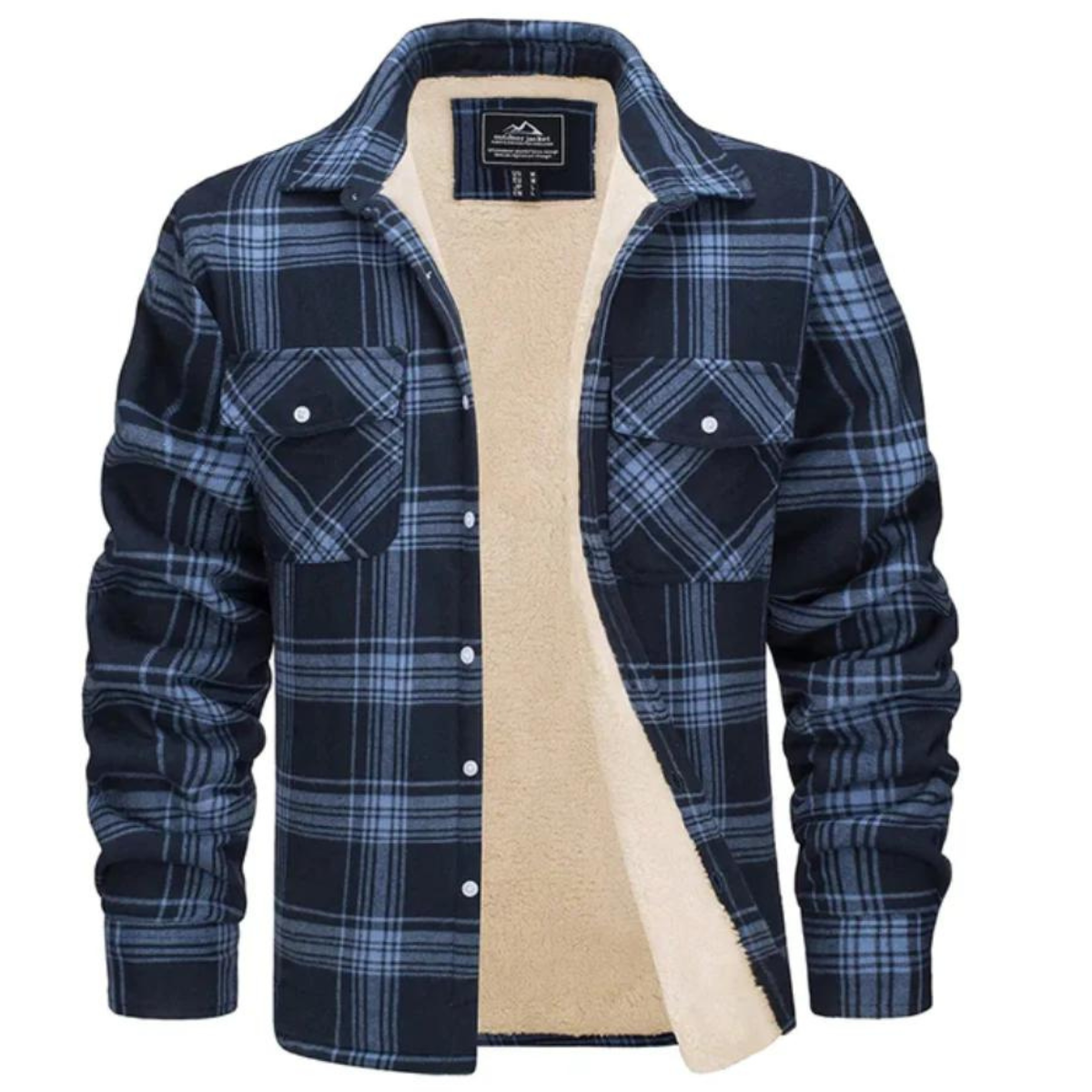 Men's checked plaid shirt jacket with sherpa lining and chest pockets