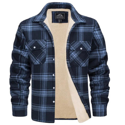 Men's checked plaid shirt jacket with sherpa lining and chest pockets