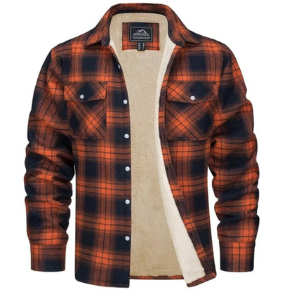 Men's checked plaid shirt jacket with sherpa lining and chest pockets