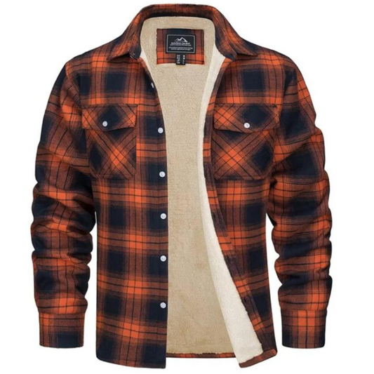 Men's checked plaid shirt jacket with sherpa lining and chest pockets