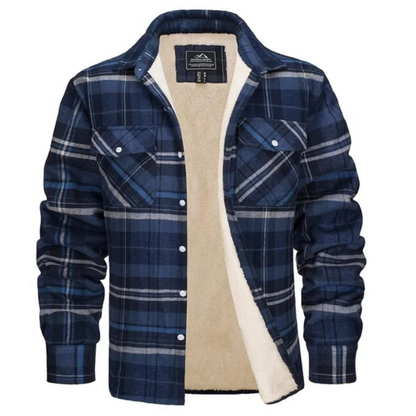 Men's checked plaid shirt jacket with sherpa lining and chest pockets