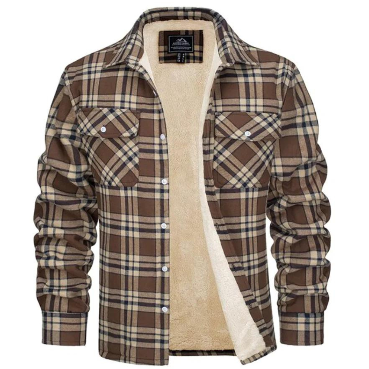 Men's checked plaid shirt jacket with sherpa lining and chest pockets