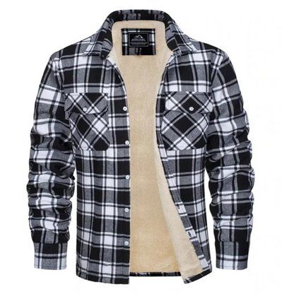 Men's checked plaid shirt jacket with sherpa lining and chest pockets