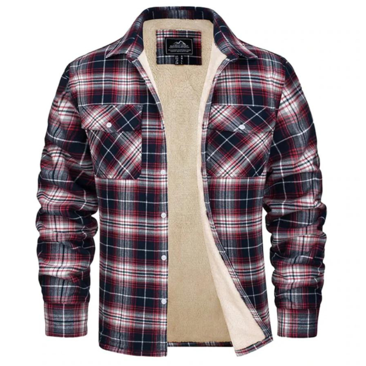 Men's checked plaid shirt jacket with sherpa lining and chest pockets