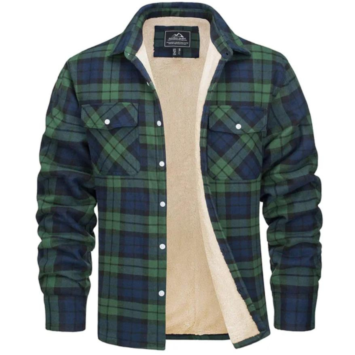 Men's checked plaid shirt jacket with sherpa lining and chest pockets