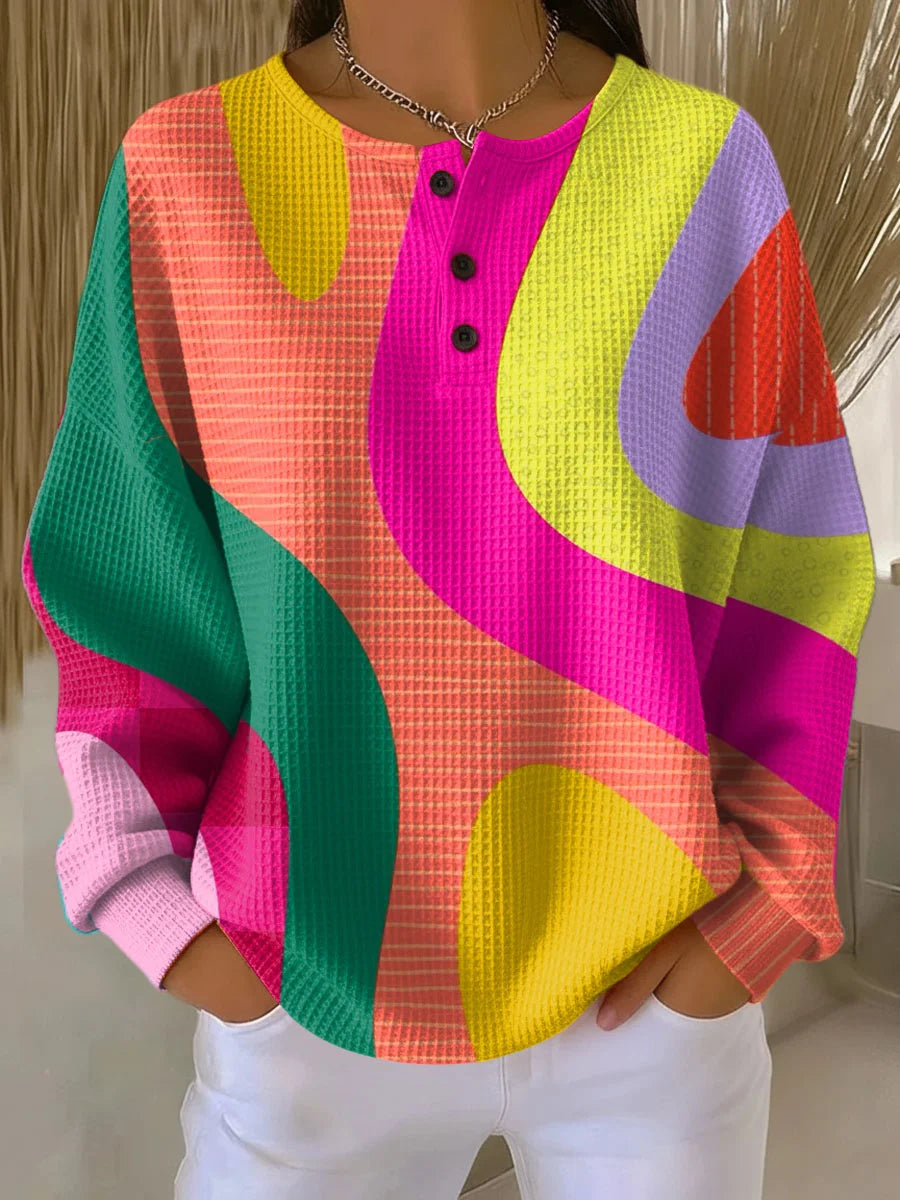 Women's relaxed geometric colour-block waffle sweatshirt with button crew neckline in bright multi-colour