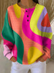 Women's relaxed geometric colour-block waffle sweatshirt with button crew neckline in bright multi-colour