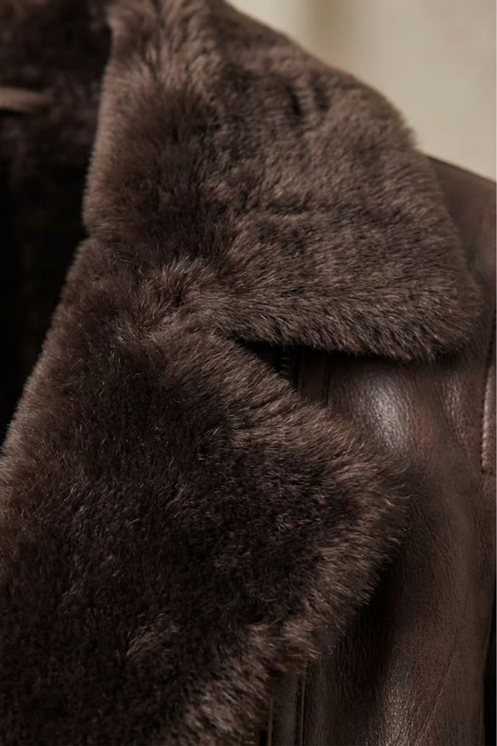 Women's brown jacket with dark shearling-style collar, long sleeves and front zip