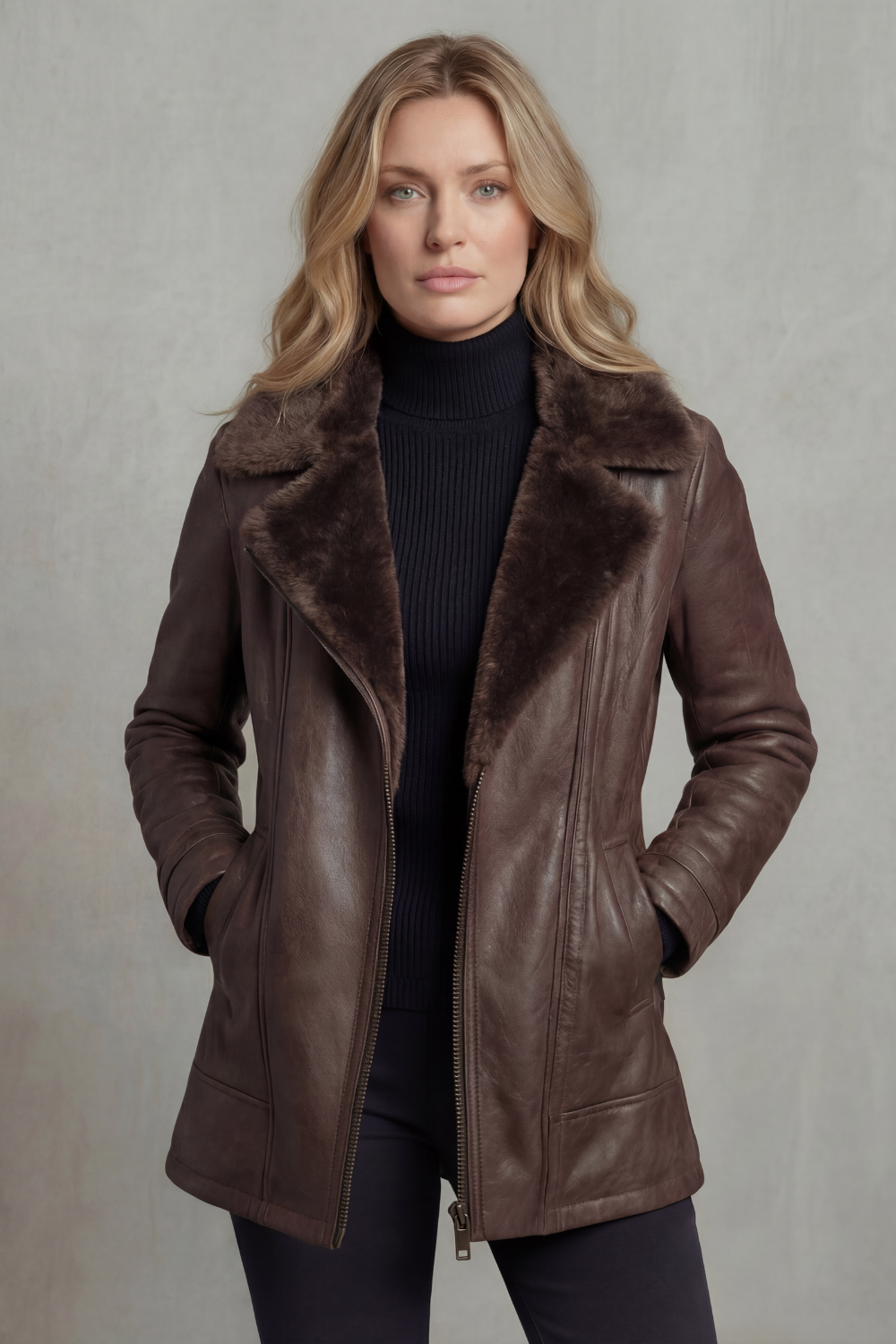 Women's brown jacket with dark shearling-style collar, long sleeves and front zip