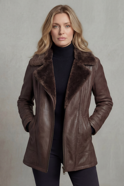 Women's brown jacket with dark shearling-style collar, long sleeves and front zip