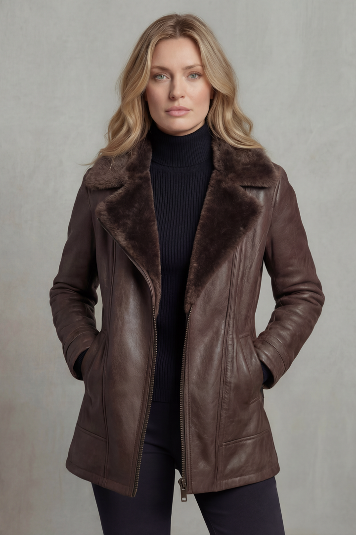 Women's brown jacket with dark shearling-style collar, long sleeves and front zip
