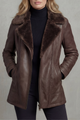 Women's brown jacket with dark shearling-style collar, long sleeves and front zip