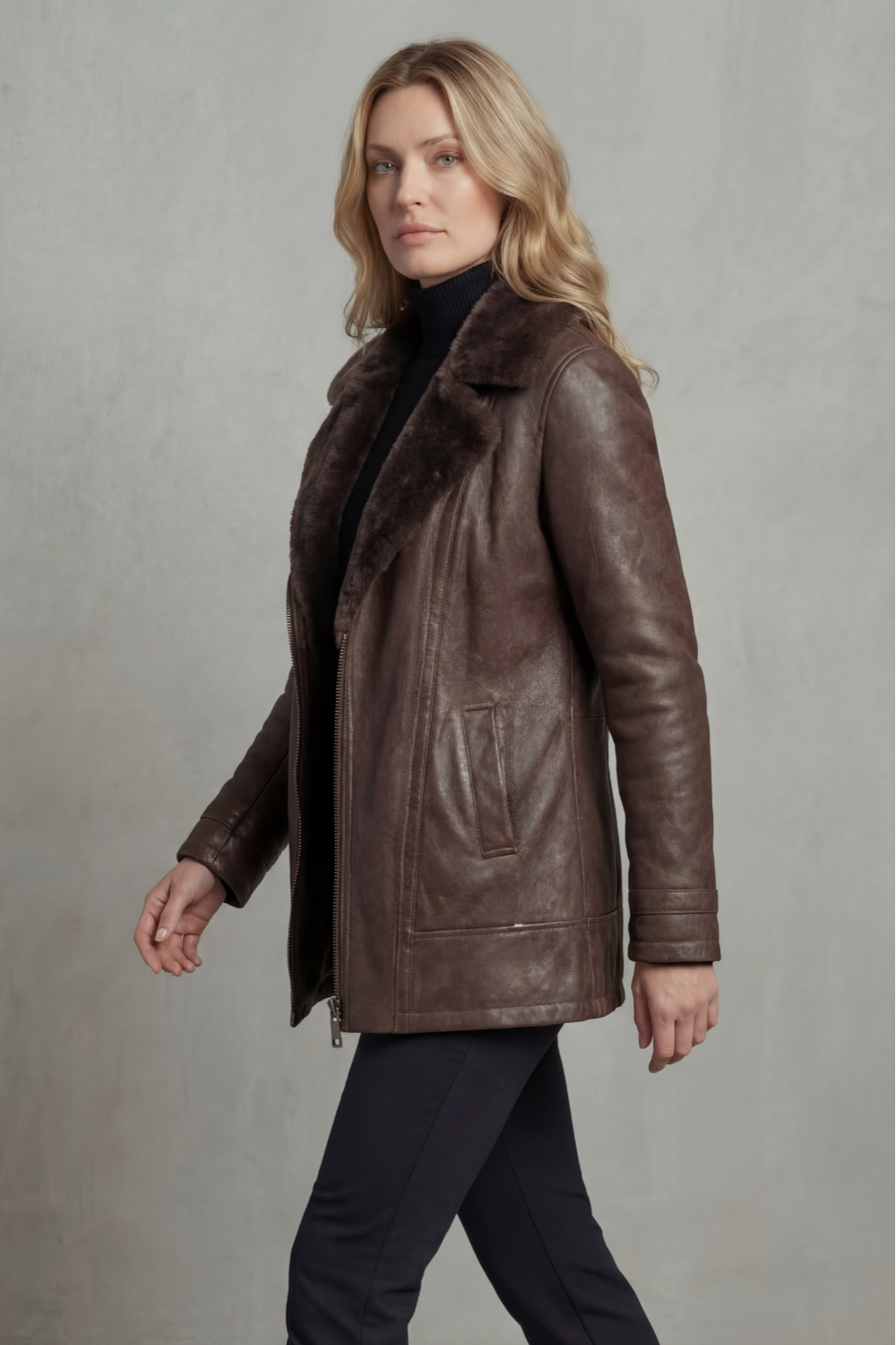 Women's brown jacket with dark shearling-style collar, long sleeves and front zip