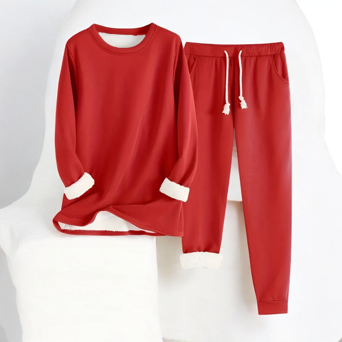 Long-sleeve crew neck sweatshirt and matching drawstring joggers with cuffed hems
