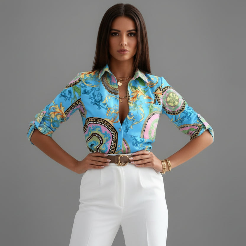 Women's collared shirt with abstract geometric print and rolled three-quarter sleeves