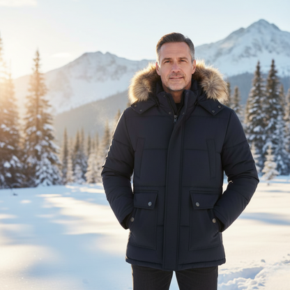 Men's hooded quilted parka with fur-look trim and plush-look lining