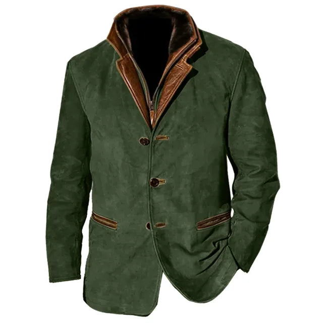 Men's button-up jacket with stand collar, long sleeves and front welt pockets