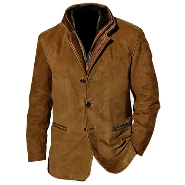 Men's button-up jacket with stand collar, long sleeves and front welt pockets