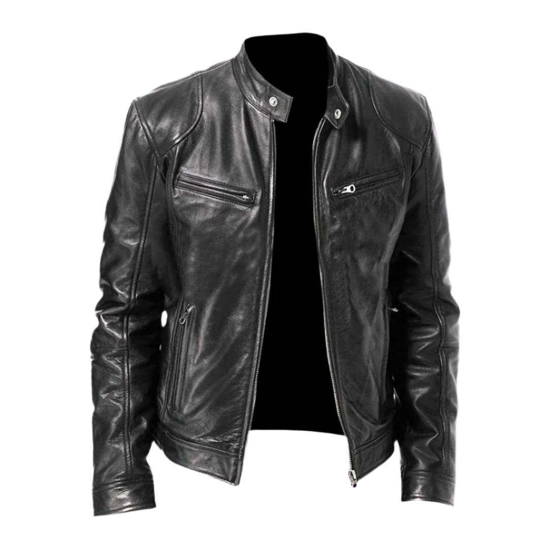 Men's leather jacket with stand collar, long sleeves, zip front and multiple zipped pockets