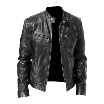 Men's leather jacket with stand collar, long sleeves, zip front and multiple zipped pockets
