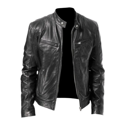 Men's leather jacket with stand collar, long sleeves, zip front and multiple zipped pockets