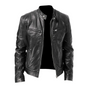 Men's leather jacket with stand collar, long sleeves, zip front and multiple zipped pockets