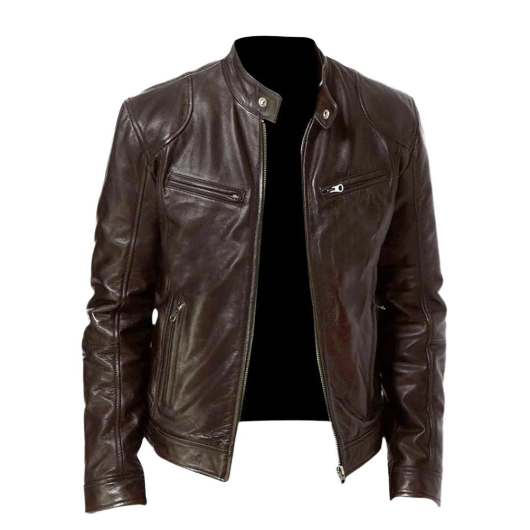 Men's leather jacket with stand collar, long sleeves, zip front and multiple zipped pockets