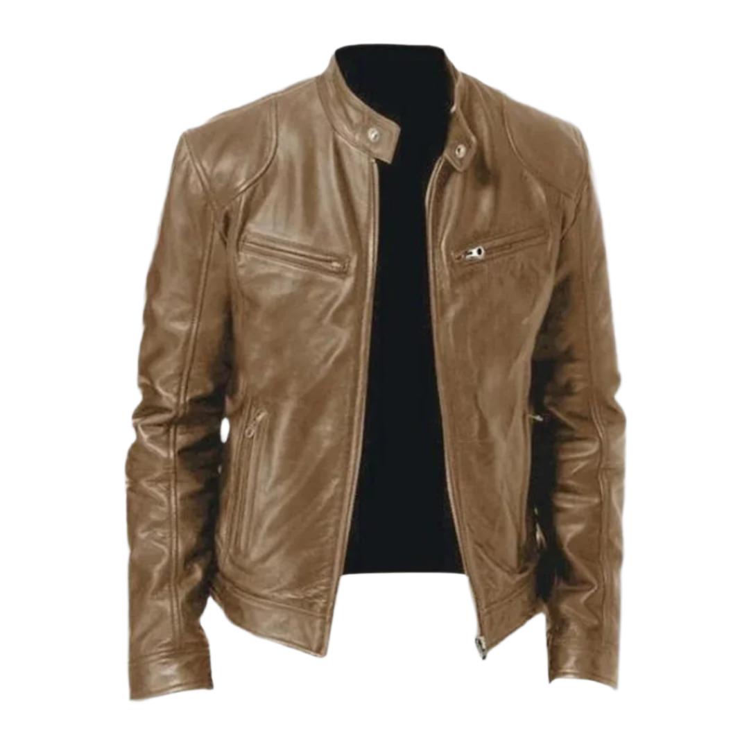Men's leather jacket with stand collar, long sleeves, zip front and multiple zipped pockets