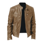 Men's leather jacket with stand collar, long sleeves, zip front and multiple zipped pockets