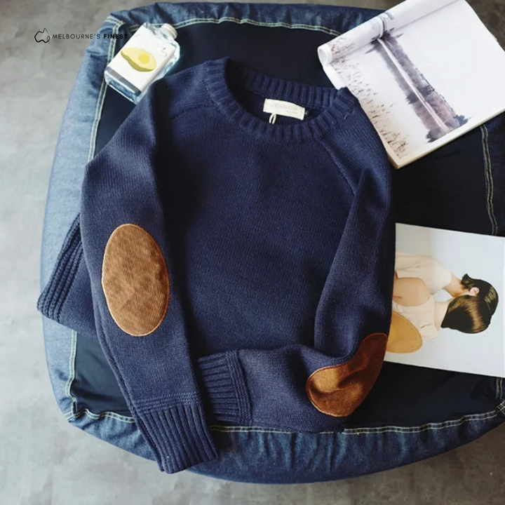 Men's ribbed crew neck sweater with elbow patches