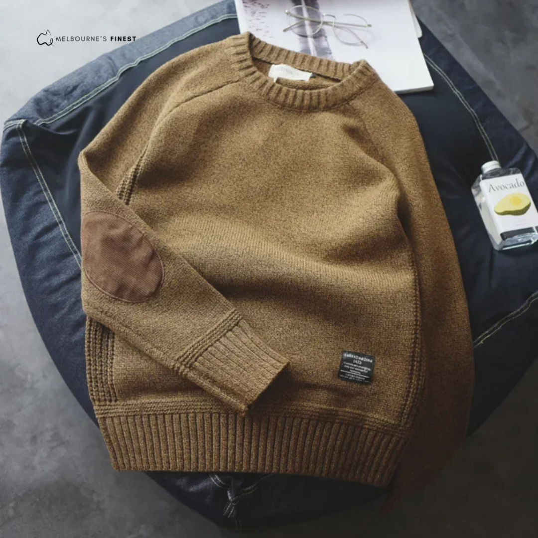 Men's ribbed crew neck sweater with elbow patches