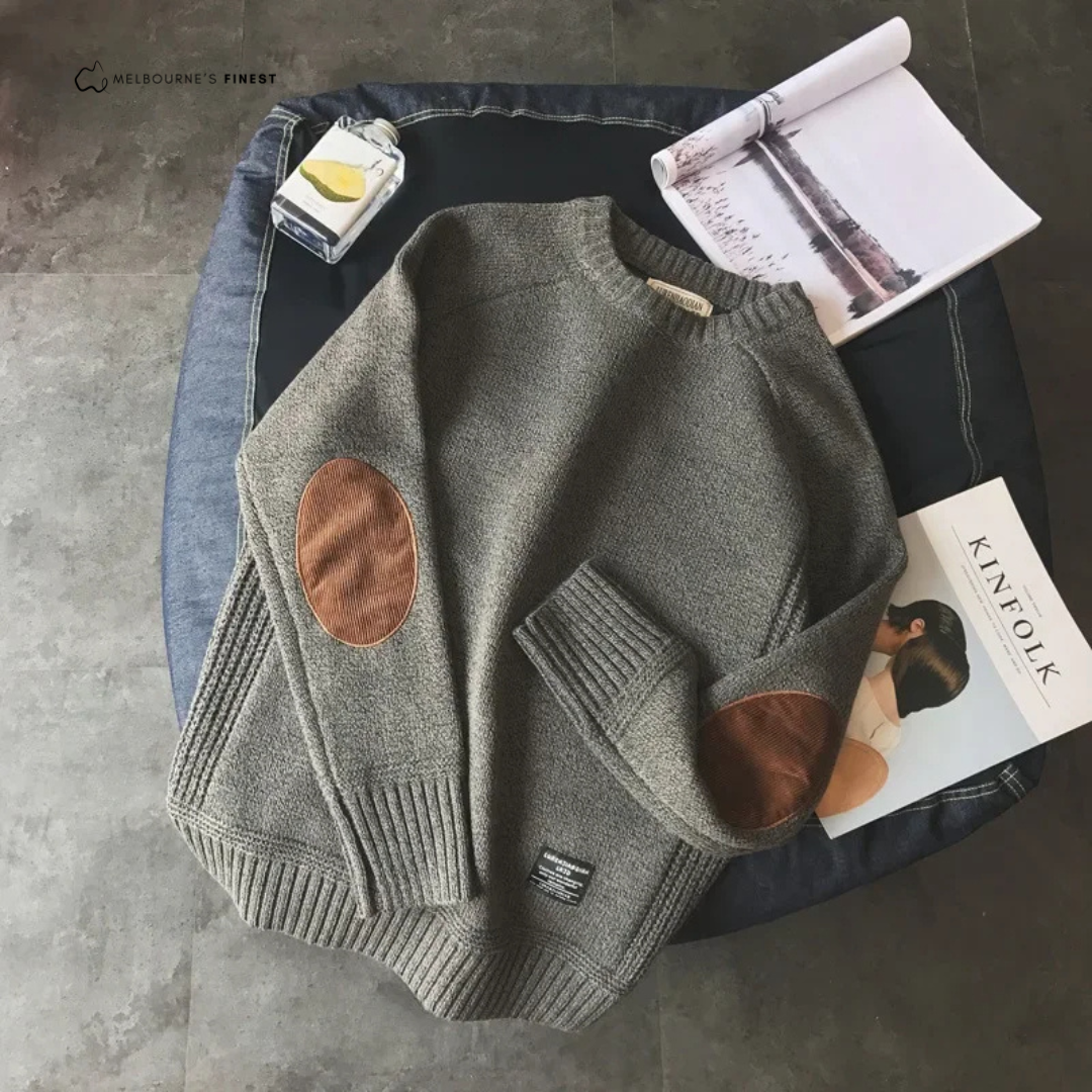 Men's ribbed crew neck sweater with elbow patches