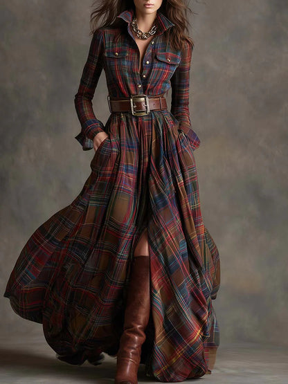 Women's long-sleeve checked plaid maxi shirt dress with belt, buttons and pockets