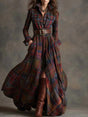 Women's long-sleeve checked plaid maxi shirt dress with belt, buttons and pockets