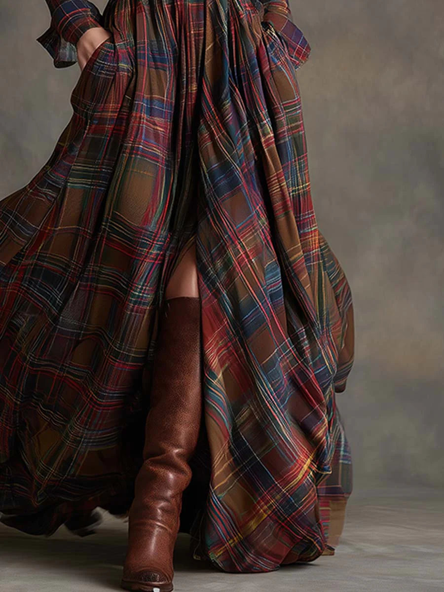 Women's long-sleeve checked plaid maxi shirt dress with belt, buttons and pockets