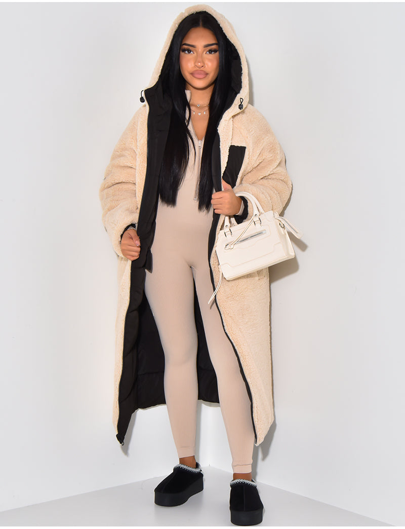 Women's reversible hooded puffer coat with quilted panels