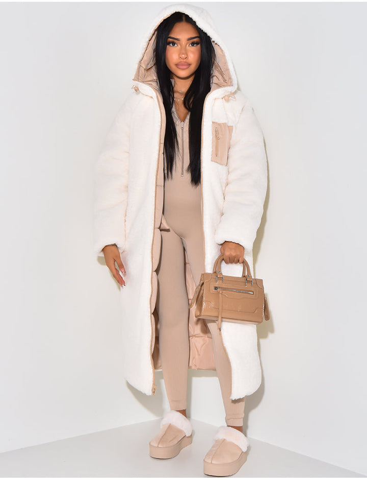 Women's reversible hooded puffer coat with quilted panels