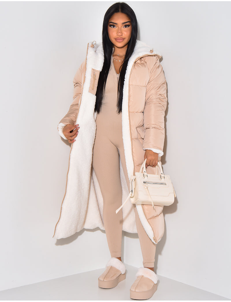 Women's reversible hooded puffer coat with quilted panels