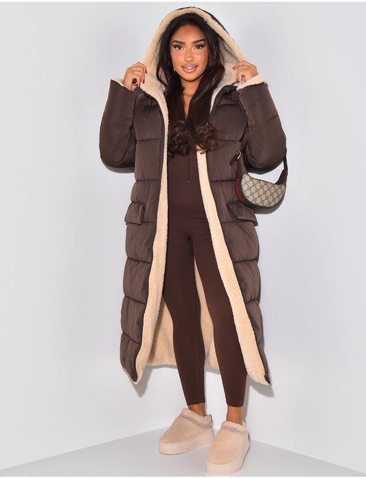 Women's reversible hooded puffer coat with quilted panels