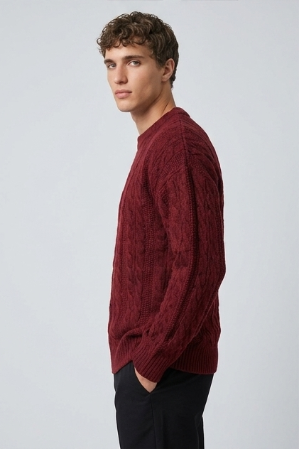 Men's ribbed cable knit crew neck jumper with long sleeves