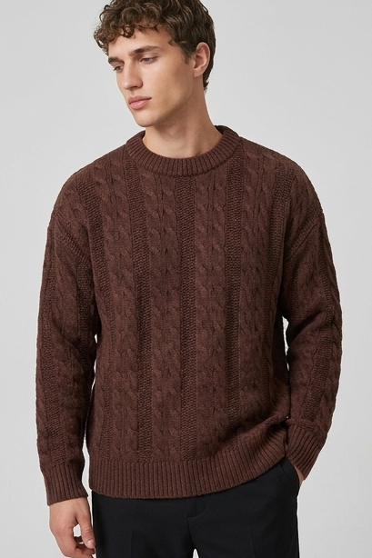 Men's ribbed cable knit crew neck jumper with long sleeves