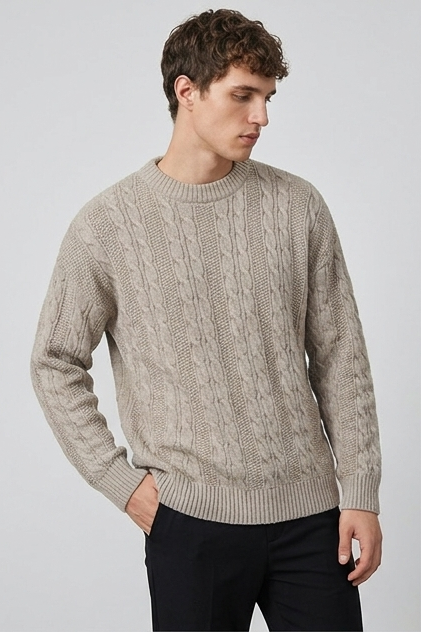 Men's ribbed cable knit crew neck jumper with long sleeves