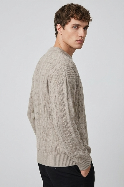 Men's ribbed cable knit crew neck jumper with long sleeves