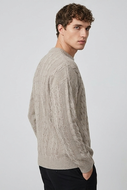 Men's ribbed cable knit crew neck jumper with long sleeves
