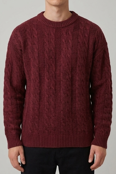 Men's ribbed cable knit crew neck jumper with long sleeves