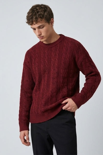 Men's ribbed cable knit crew neck jumper with long sleeves