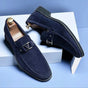 Men's slip-on loafers with geometric buckle detail and square toes