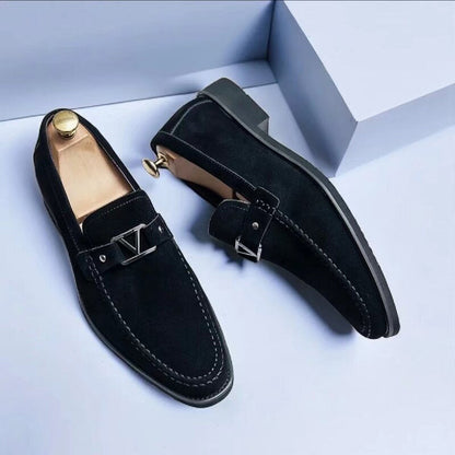 Men's slip-on loafers with geometric buckle detail and square toes