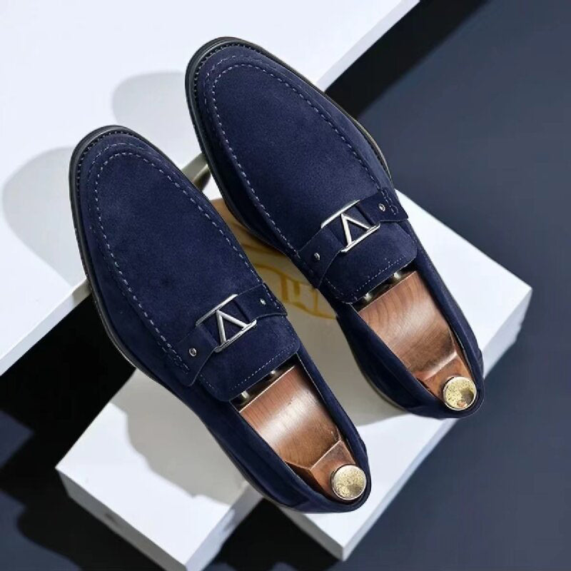 Men's slip-on loafers with geometric buckle detail and square toes